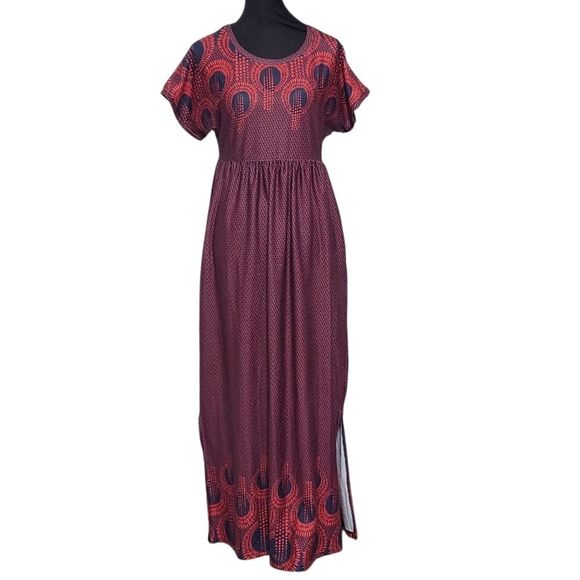 Suzanne Betro Maxi Dress Size Small Red Blue Short Sleeve Knit Casual Stretch - Picture 1 of 10